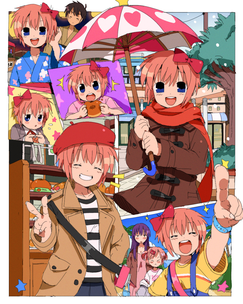 1boy 3girls absurdres bag beach bendedede blue_eyes blue_kimono blue_overalls blush bow bread_bun brown_coat brown_hair brown_kimono bush closed_eyes coat doki_doki_literature_club eating festival food hair_bow hair_ornament hair_ribbon hairclip highres holding holding_food holding_umbrella jacket japanese_clothes kimono lantern long_hair looking_at_viewer multiple_girls natsuki_(doki_doki_literature_club) open_mouth overalls palm_tree peacoat pink_hair pointing protagonist_(doki_doki_literature_club) purple_hair red_bow ribbon sand satchel sayori_(doki_doki_literature_club) scarf school_uniform shirt short_hair short_twintails smile snowing starry_background striped_clothes striped_shirt tree twintails umbrella watch water wristwatch yukata yuri_(doki_doki_literature_club)