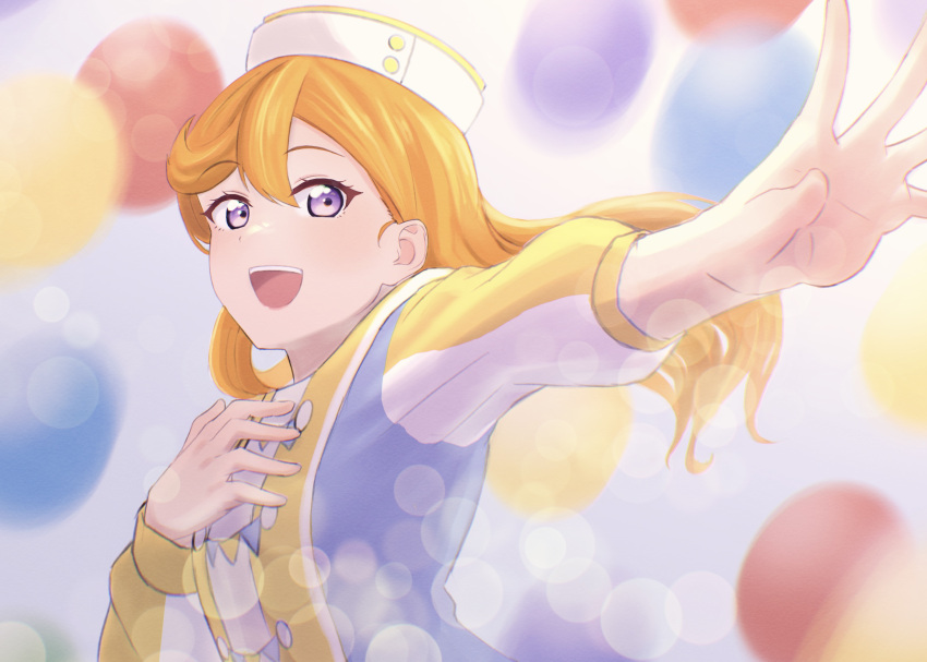 1girl balloon commentary costume_request gomadare4869 hair_flowing_over highres long_hair long_sleeves looking_at_viewer love_live! love_live!_superstar!! multicolored_clothes open_mouth orange_hair outstretched_arm purple_eyes shibuya_kanon solo symbol-only_commentary upper_body white_hat