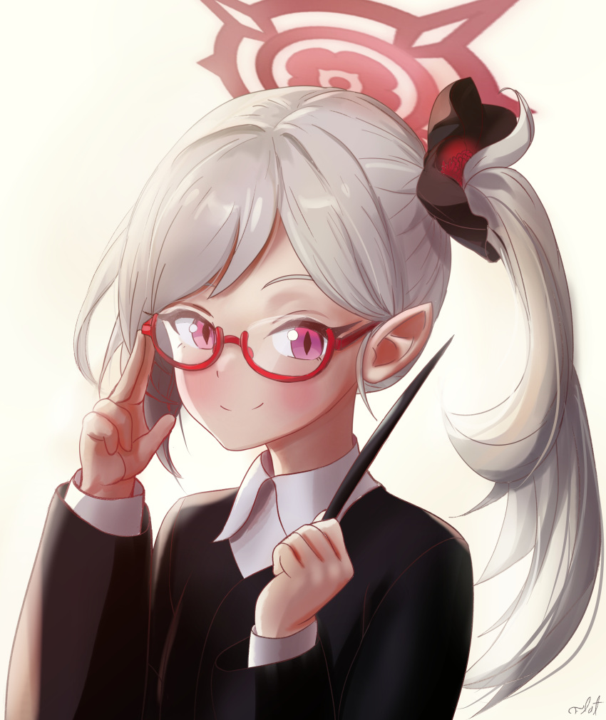 absurdres adjusting_eyewear black_jacket blue_archive collared_shirt flatculture flower grey_hair hair_flower hair_ornament halo highres jacket light_smile long_hair looking_at_viewer mutsuki_(blue_archive) pink_eyes pointer pointy_ears portrait shirt side_ponytail smug teacher white_shirt