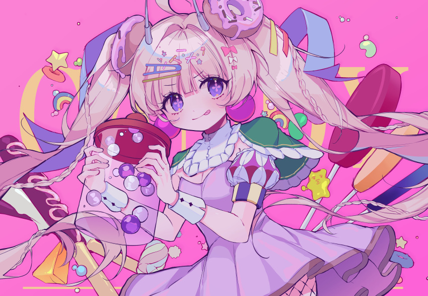 1girl :p absurdres ahoge blonde_hair candy cowboy_shot dress earrings fishnet_pantyhose fishnets food hair_ornament hairclip highres jewelry lollipop long_hair modohwa original pantyhose pink_background purple_dress purple_eyes symbol-shaped_pupils tongue tongue_out twintails wrist_cuffs