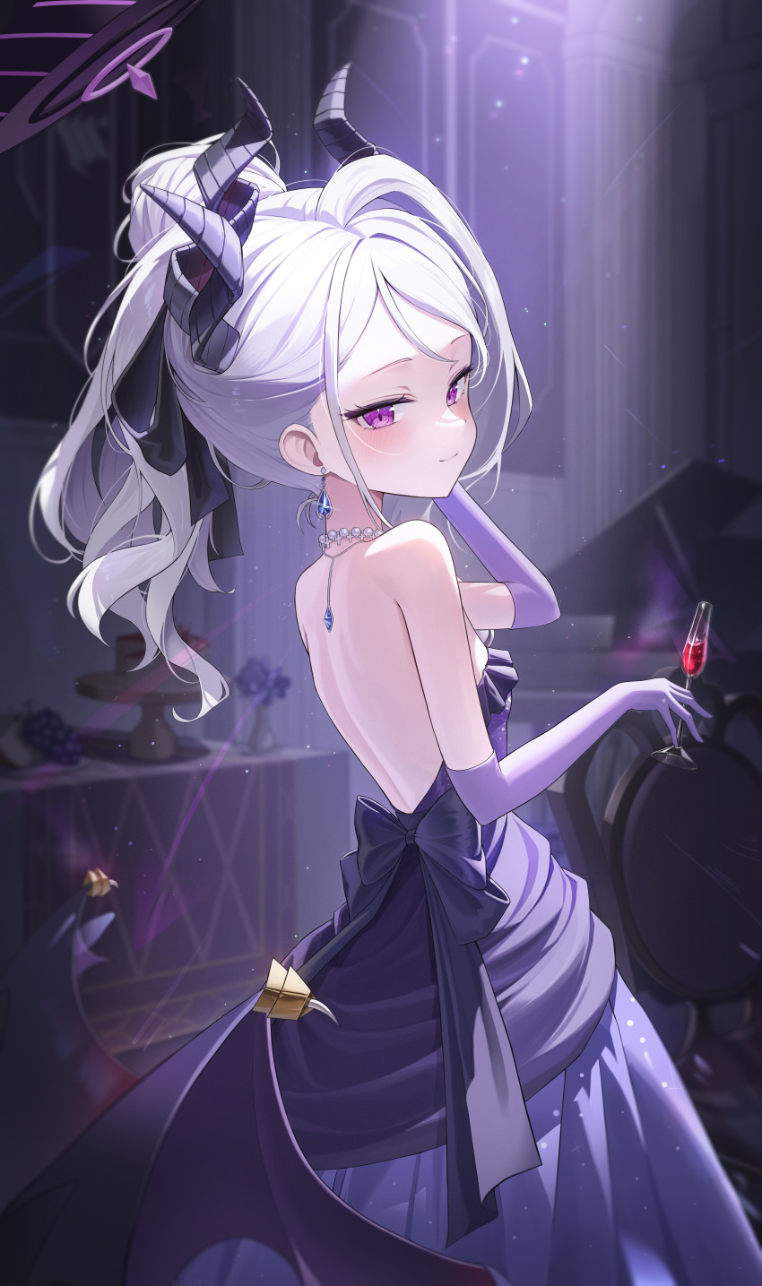 1girl absurdres black_horns blue_archive breasts cup dangle_earrings demon_horns demon_wings dress earrings elbow_gloves gloves halo highres hina_(blue_archive) hina_(dress)_(blue_archive) holding holding_cup horns jewelry long_hair multiple_horns necklace official_alternate_costume official_alternate_hairstyle purple_dress purple_eyes purple_gloves purple_wings small_breasts solo strapless strapless_dress tiokun7 white_hair wings