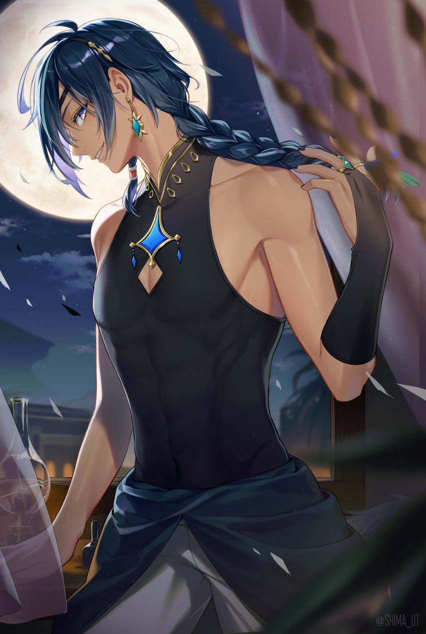 1boy absurdres black_gloves black_shirt blue_eyes blue_hair braid clothes_around_waist dark-skinned_male dark_skin diamond_cutout earrings fingerless_gloves full_moon genshin_impact gloves highres jewelry kaeya_(genshin_impact) kaeya_(sailwind_shadow)_(genshin_impact) long_hair male_focus moon multicolored_hair muscular muscular_male night night_sky noes official_alternate_costume shirt sky smile teeth