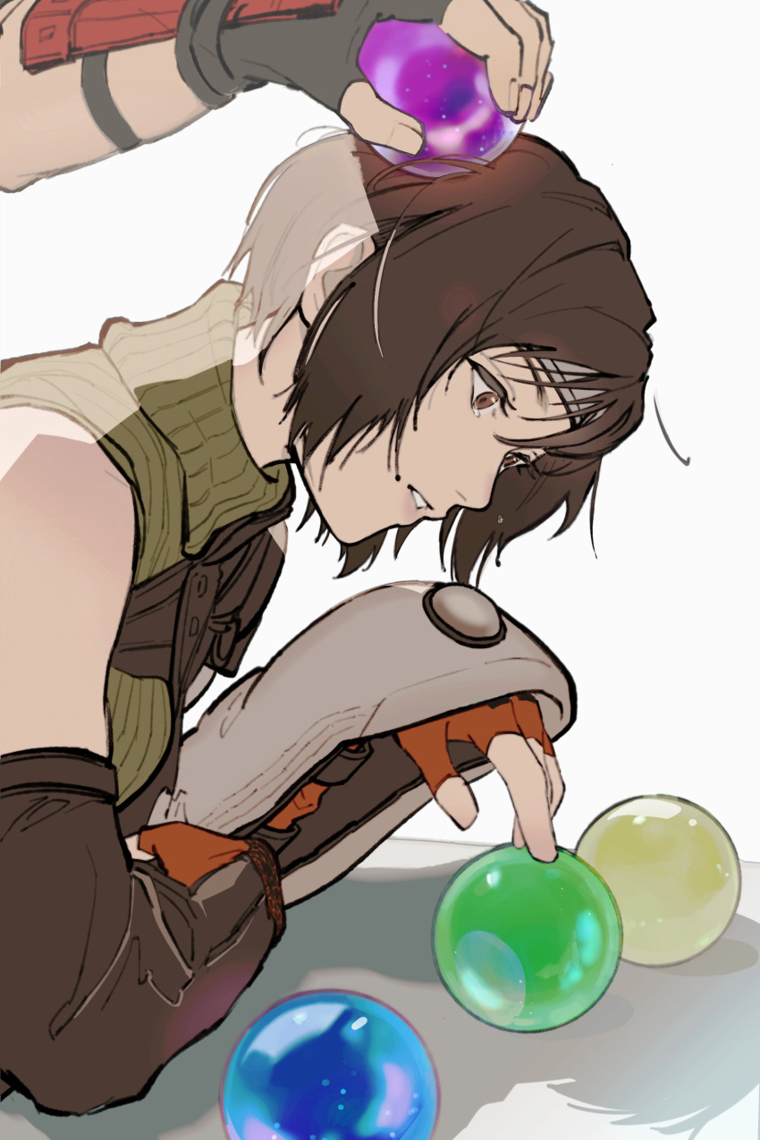 1boy 1girl absurdres ball black_gloves black_hair breasts brown_eyes crying elbow_gloves final_fantasy final_fantasy_vii final_fantasy_vii_rebirth final_fantasy_vii_remake fingerless_gloves gloves green_shirt headband highres holding holding_ball materia medium_breasts orange_gloves out_of_frame parted_lips sanuki_uudon3 shirt short_hair single_sleeve sleeveless sleeveless_turtleneck sonon_kusakabe tears turtleneck upper_body vambraces white_background yuffie_kisaragi