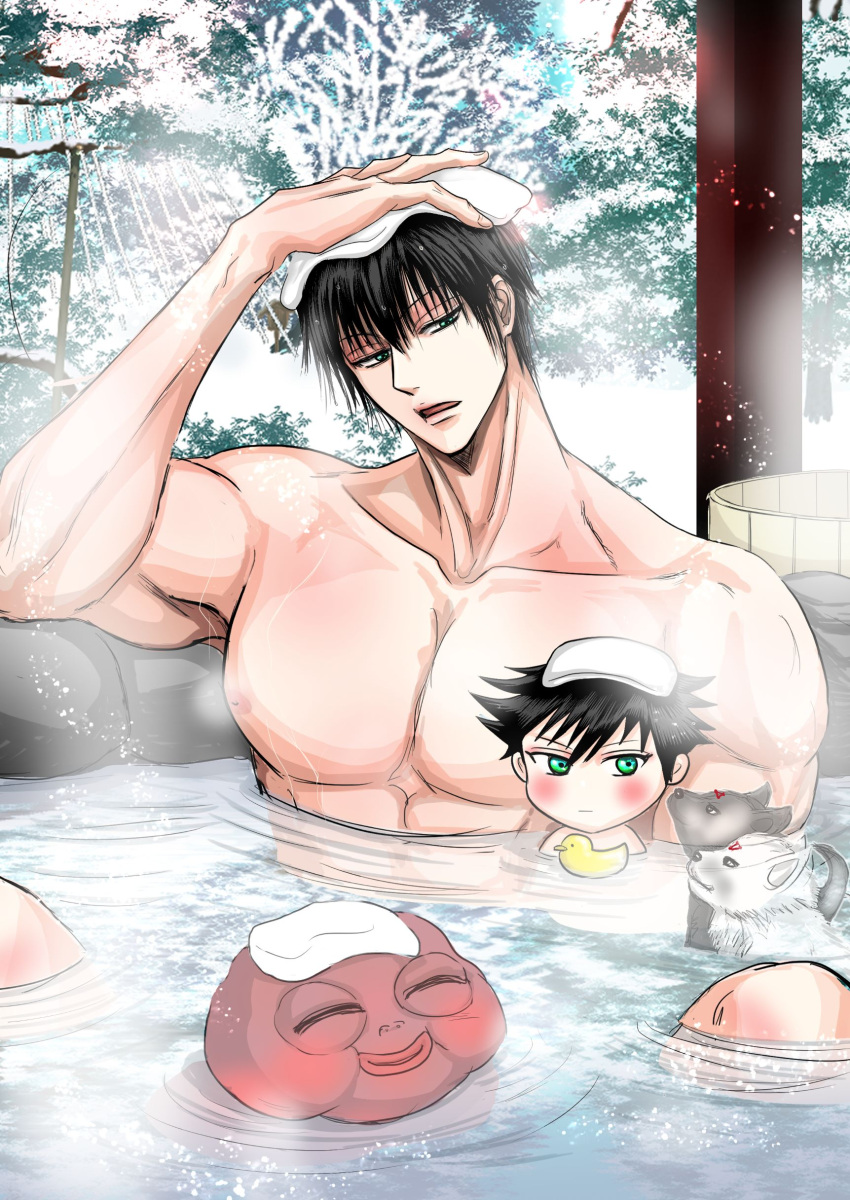 2boys abs absurdres artist_request black_hair blush father_and_son fushiguro_megumi fushiguro_touji head_tilt highres jujutsu_kaisen large_pectorals looking_at_viewer male_focus mature_male monster multiple_boys muscular muscular_male nipples nude onsen pectorals scar scar_on_face scar_on_mouth short_hair steam upper_body