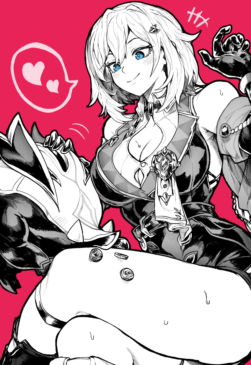 1girl absurdres bare_shoulders blue_eyes blush breasts cleavage closed_mouth coin crossed_legs gloves greyscale greyscale_with_colored_background hair_between_eyes heart highres honkai:_star_rail honkai_(series) large_breasts monochrome red_background simple_background sitting smile solo spoken_heart sweat thighs topaz_(honkai:_star_rail) trotter_(honkai:_star_rail) warp_trotter_(honkai:_star_rail) yotsumi_shiro