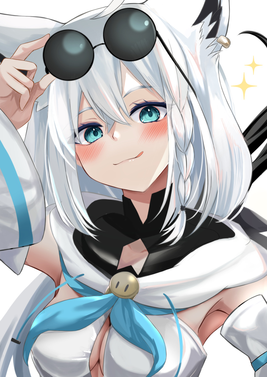 1girl adjusting_eyewear ahoge animal_ear_fluff animal_ears aqua_eyes arm_up black_bow blue_neckerchief blush bow braid breasts commentary_request detached_sleeves earrings eyewear_lift eyewear_on_head fox_ears fox_girl front_slit hair_between_eyes hair_bow hand_on_eyewear head_tilt highres hololive hood hoodie hoop_earrings jewelry licking_lips long_hair long_sleeves looking_at_viewer low_ponytail medium_breasts mikazuki_cocolo neckerchief round_eyewear shirakami_fubuki shirakami_fubuki_(1st_costume) side_braid sidelocks simple_background single_earring solo sparkle sunglasses tongue tongue_out upper_body virtual_youtuber white_background white_hair white_hoodie white_sleeves wide_sleeves