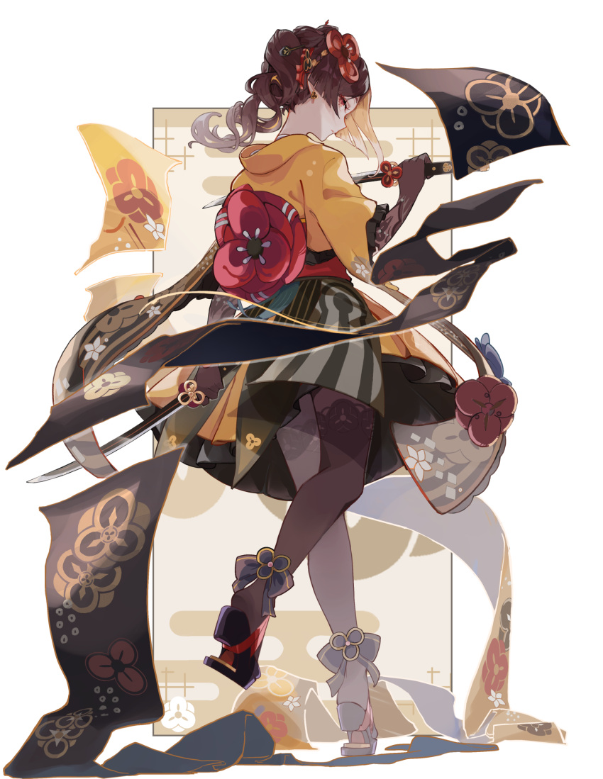 1girl absurdres asymmetrical_sidelocks brown_hair c_cutai chiori_(genshin_impact) drill_hair drill_ponytail dual_wielding earrings from_behind genshin_impact hair_ornament hairpin heel-less_heels highres holding holding_sword holding_weapon japanese_clothes jewelry katana kimono pantyhose profile red_eyes short_kimono sideways_glance solo standing sword thighhighs thighhighs_over_pantyhose weapon