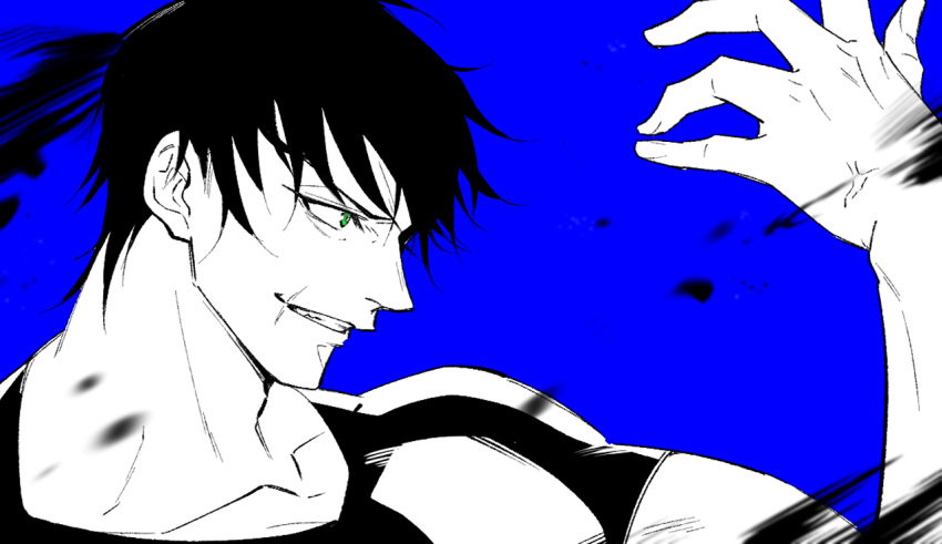 1boy 2496oyakodon black_hair blue_background evil_grin evil_smile fushiguro_touji greyscale_with_colored_background grin hand_up jujutsu_kaisen looking_ahead male_focus mature_male muscular muscular_male portrait profile scar scar_on_face scar_on_mouth short_hair smile solo