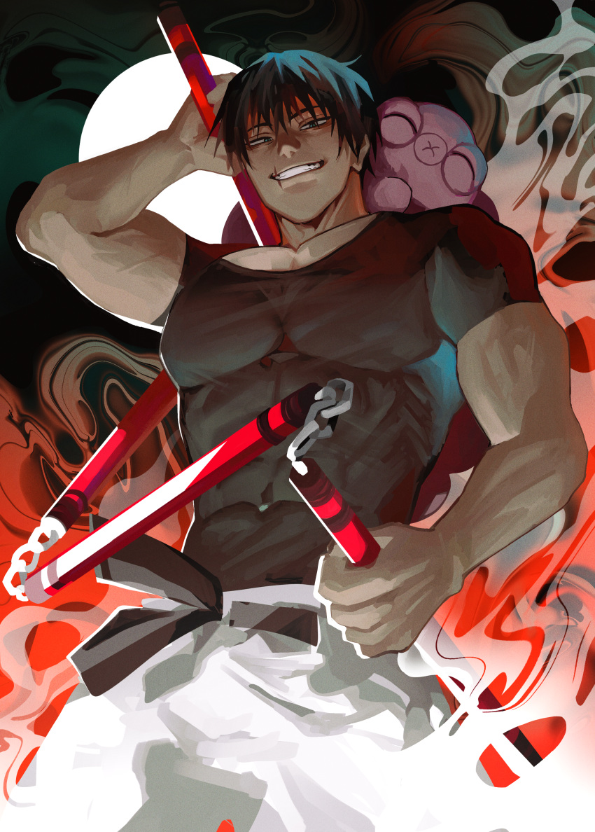 1boy absurdres artist_request black_hair cowboy_shot evil_grin evil_smile from_below fushiguro_touji grin highres jujutsu_kaisen large_pectorals looking_at_viewer male_focus mature_male monster muscular muscular_male pants pectorals scar scar_on_face scar_on_mouth shirt short_hair smile solo taut_clothes taut_shirt