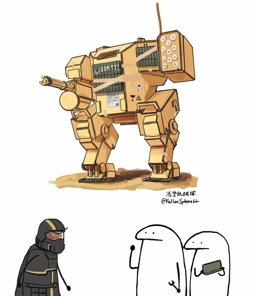 3others artist_name black_helmet cardboard commentary english_commentary english_text era_bricks_(meme) fallenspherell florks fragile_symbol gatling_gun helldiver_(helldivers) helldivers_(series) highres mecha mecha_focus meme minigun missile multiple_others robot signature tape twitter_username v-shaped_eyebrows walker_(robot)