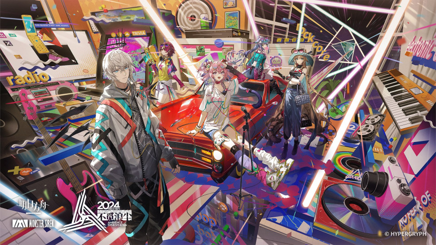 1boy 4girls animal_ears arknights bag blonde_hair blue_eyes camera car cellphone controller executor_(arknights) exusiai_(arknights) eyewear_on_head grey_hair guitar halo hat highres instrument jessica_(arknights) joystick kieed long_hair looking_at_viewer microphone motor_vehicle multiple_girls official_art phone piano_keys pink_hair ponytail red_hair short_hair sunglasses swire_(arknights) tail tail_ornament twintails u-official_(arknights)