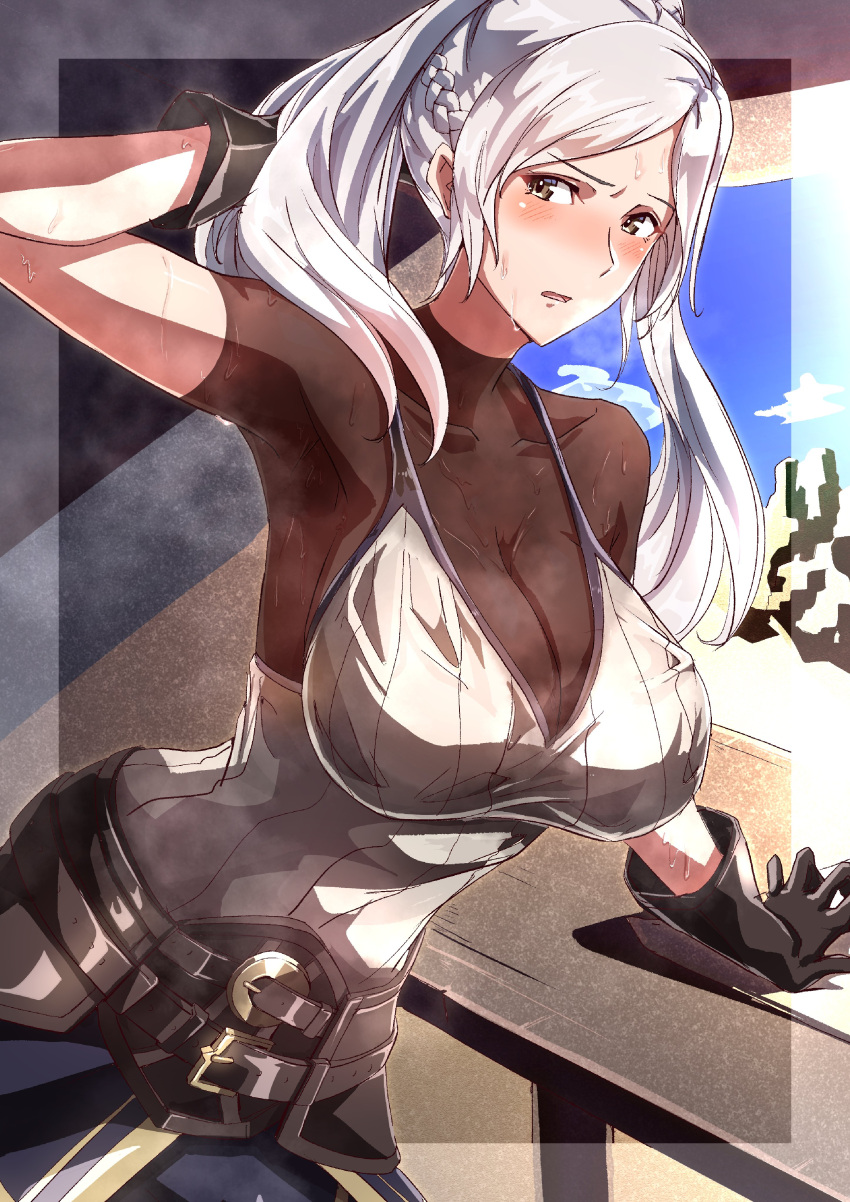 1girl absurdres blush bodystocking breasts brown_eyes cleavage clenched_hand fire_emblem fire_emblem_awakening gloves grey_hair highres large_breasts long_hair looking_at_viewer open_mouth robin_(female)_(fire_emblem) robin_(fire_emblem) short_sleeves solo to_(tototo_tk) twintails white_hair