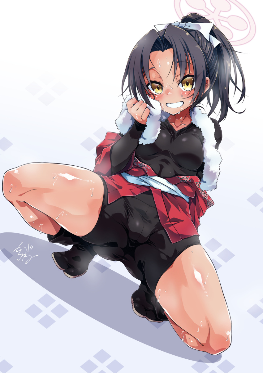 1girl black_bodysuit black_hair blue_archive bodysuit breasts collarbone full_body gradient_background grey_background halo highres looking_at_viewer medium_breasts pink_halo ponytail rickshaw_student_(blue_archive) shirogane_(cufsser) short_hair signature smile solo squatting steaming_body sweat thighs towel towel_around_neck white_towel yellow_eyes