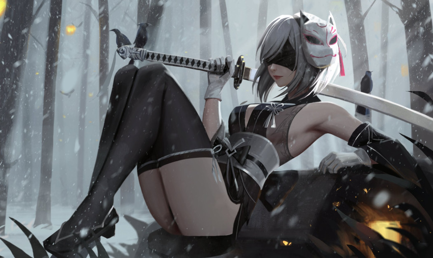 1girl 2b_(nier:automata) armpits bird black_blindfold black_dress black_footwear black_thighhighs blindfold breasts dress forest fox_mask gloves grey_hair highres holding holding_sword holding_weapon katana lips mask mask_on_head nature neo_(neorarty3) nier:automata nier_(series) sleeveless sleeveless_dress snow snowing solo sword thighhighs thighs tree weapon white_gloves white_tassel