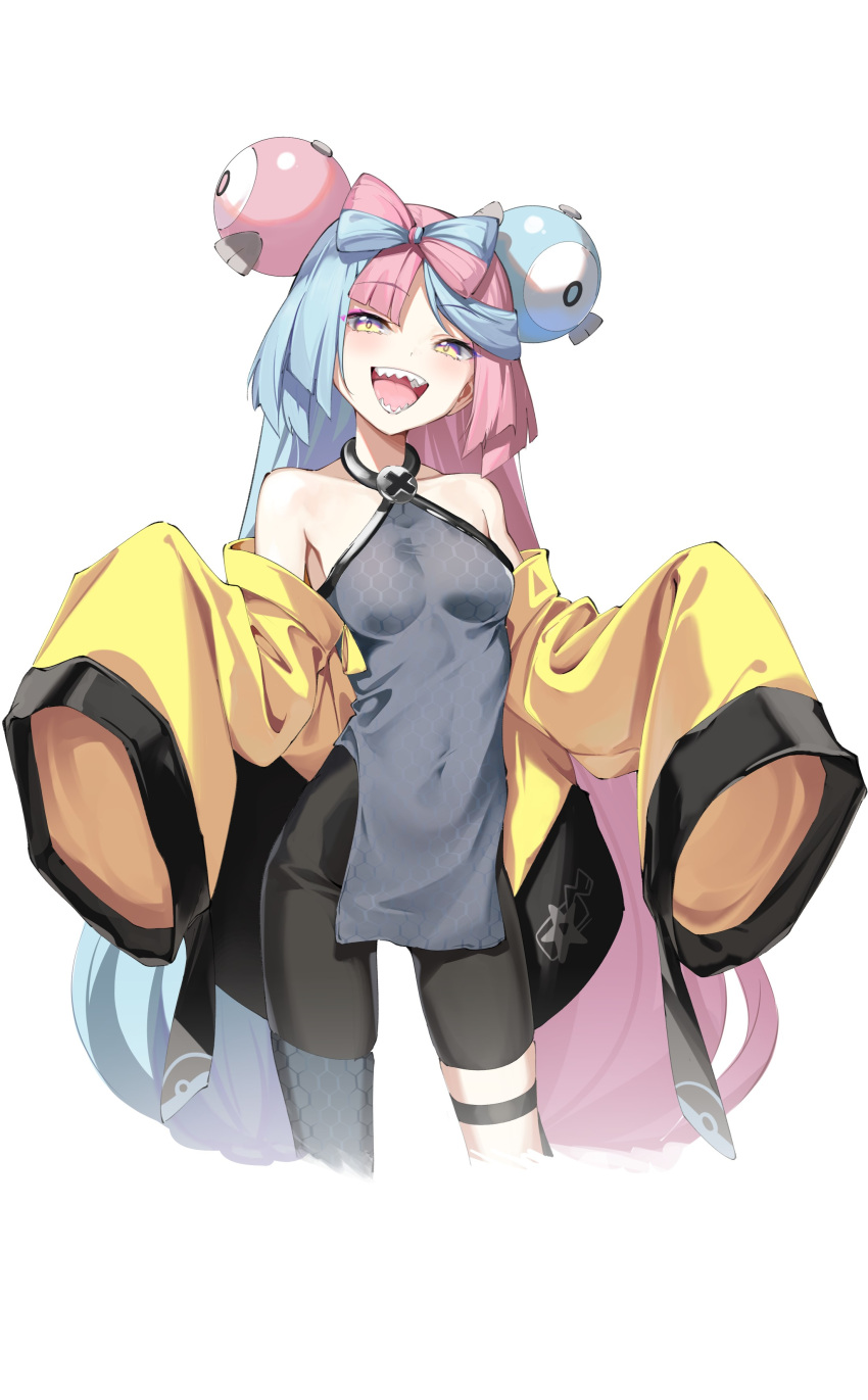 1girl absurdres bare_shoulders black_shorts blue_hair blush bow-shaped_hair breasts character_hair_ornament covered_navel dress gradient_eyes grey_dress hair_ornament highres iono_(pokemon) jacket light_blue_hair long_hair long_sleeves looking_at_viewer low_twintails multicolored_eyes multicolored_hair off_shoulder open_clothes open_jacket open_mouth pelvic_curtain pink_hair pokemon pokemon_sv purple_eyes sharp_teeth short_dress shorts sleeves_past_fingers sleeves_past_wrists small_breasts smile solo spider_apple split-color_hair teeth thighs twintails yellow_eyes yellow_jacket