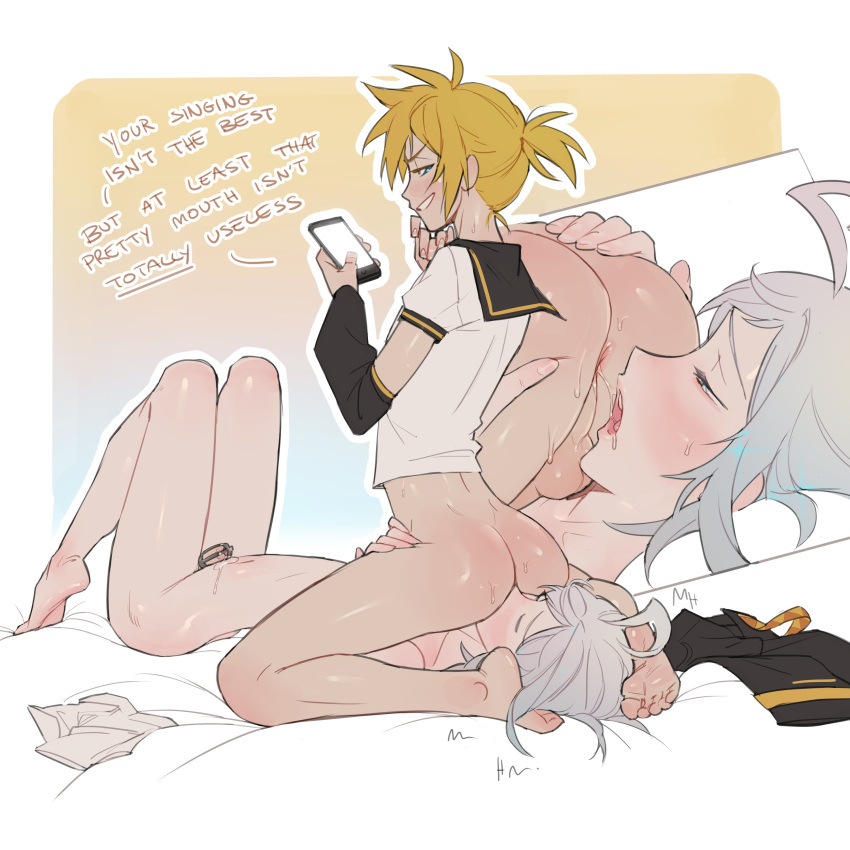 2boys absurdres ahoge anilingus anus arched_back ass ass_grab ass_worship black_sailor_collar black_sleeves blonde_hair blue_eyes bottomless boy_on_top cellphone chastity_cage clothed_male_nude_male commission detached_sleeves dimples_of_venus english_text grabbing_another's_ass grey_hair grin groping half-closed_eyes highres holding holding_phone huge_ahoge iori_yuzuru kagamine_len lacryboy lying male_focus medium_hair multiple_boys nude on_back on_bed otoko_no_ko penis perineum phone plantar_flexion precum precum_drip sailor_collar saliva saliva_trail short_hair short_ponytail smartphone smile tan testicles vocaloid voiceroid yaoi