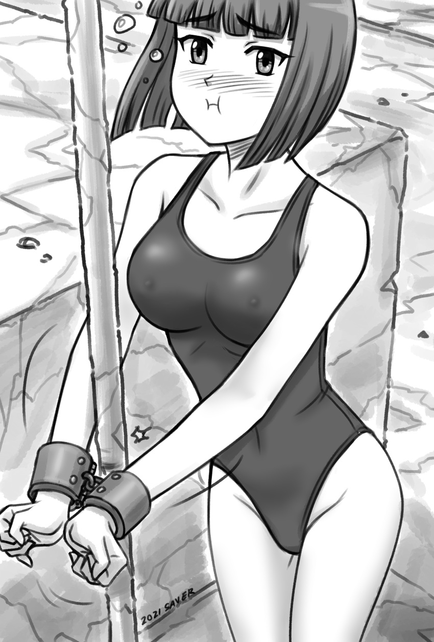 1girl absurdres air_bubble blush breasts bubble collarbone covered_nipples cuffed dated greyscale highres holding_breath looking_at_viewer medium_breasts monochrome motion_lines one-piece_swimsuit original pole saver_(artbysaver) short_hair swimsuit underwater wrist_cuffs