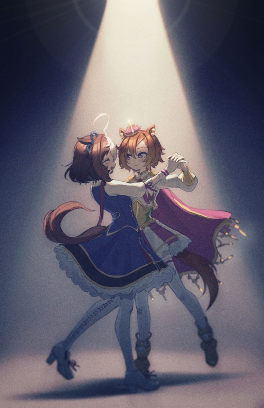 ahoge animal_ears blue_dress bow breasts brown_hair cape closed_eyes crown dancing dress ear_piercing ear_ribbon hair_between_eyes hairband highres holding_hands horse_ears horse_girl horse_tail leg_up long_sleeves looking_at_another meisho_doto_(umamusume) mini_crown multicolored_hair open_mouth orange_hair orange_tail pb_lumum piercing pink_cape pink_hairband purple_eyes shirt short_hair skirt smile t.m._opera_o_(umamusume) tail tail_through_clothes thighhighs two-tone_hair two-tone_skirt umamusume white_footwear white_hair white_thighhighs