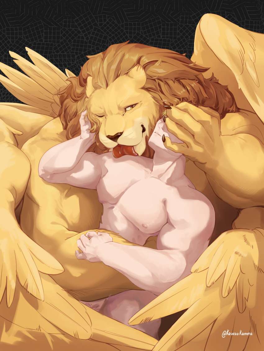 abs absurd_res anthro big_dom_small_sub big_muscles big_pecs brown_mane convenient_censorship delicious_in_dungeon dominant dominant_anthro dominant_male duo felid fur hi_res holding_partner hug human human_on_anthro interspecies kawaakumma laios_touden larger_anthro larger_male licking lion male male/male mammal mane muscular muscular_anthro muscular_human muscular_male nipples nude pantherine pecs shoulder_lick signature size_difference smaller_human smaller_male submissive submissive_human submissive_male tongue winged_lion_(delicious_in_dungeon) wings yellow_body yellow_fur