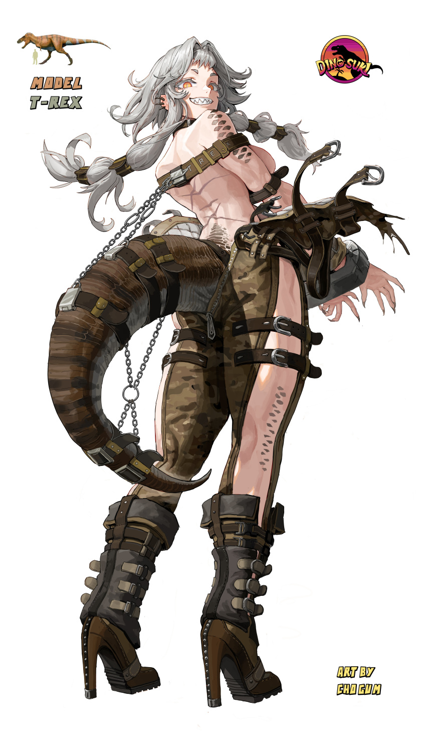 1girl absurdres belt_buckle boots breasts buckle camouflage chain cho_gum dinosaur_tail ear_piercing fingernails from_behind full_body grey_hair grin hair_intakes high_heel_boots high_heels highres large_breasts long_hair looking_back orange_eyes original personification piercing scar scar_on_back sharp_fingernails sharp_teeth slit_pupils smile solo standing tail teeth tyrannosaurus_rex unzipped