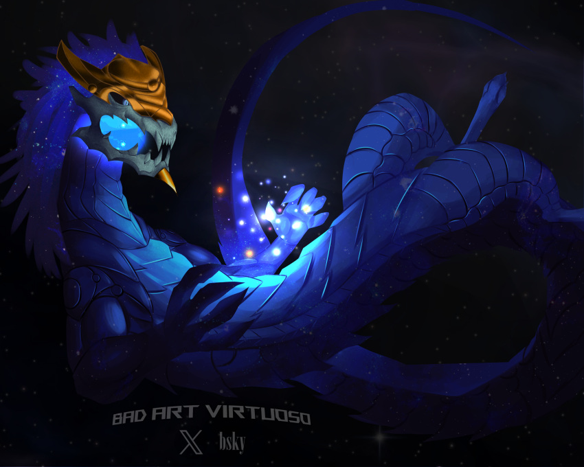 aurelion_sol_(lol) badartvirtuoso blue_body bone crown dragon feral gold_(metal) headgear hi_res league_of_legends male mythological_creature mythological_scalie mythology riot_games scalie skull solo space