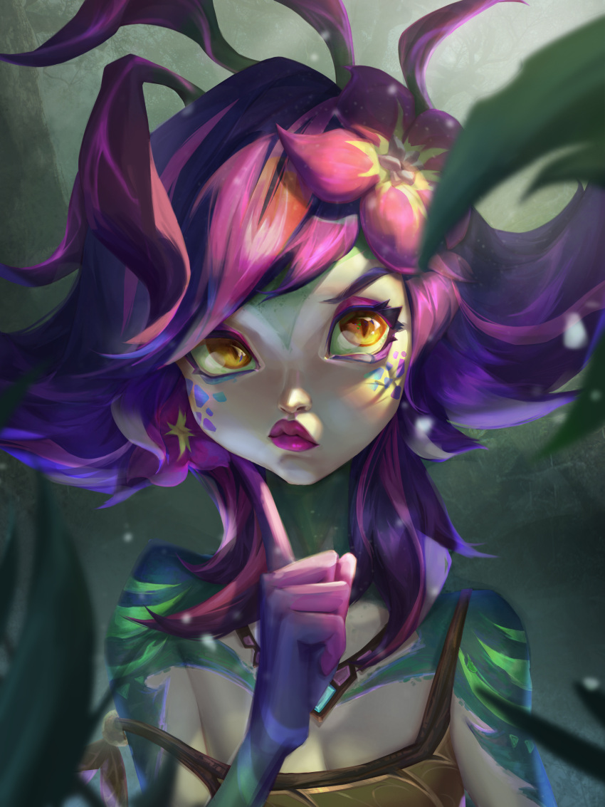 1girl absurdres bare_shoulders closed_mouth collarbone colored_skin flower green_background green_skin hair_flower hair_ornament hand_up highres index_finger_raised league_of_legends medium_hair multicolored_hair neeko_(league_of_legends) orange_eyes purple_hair qqquain red_flower red_hair solo thinking