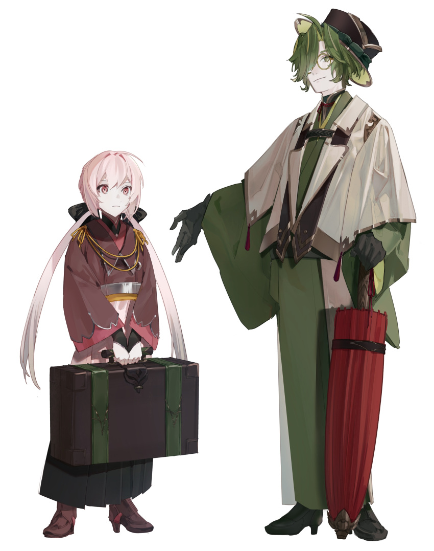 1boy 1girl absurdres ahoge black_bow black_footwear black_gloves black_hakama black_hat black_sash boots bow briefcase brown_footwear character_request closed_mouth closed_umbrella copyright_request full_body glasses gloves green_eyes green_hair green_kimono hair_bow hair_over_one_eye hakama hakama_skirt hat high_heel_boots high_heels highres holding holding_suitcase holding_umbrella jacket japanese_clothes kimono long_hair long_sleeves low_twintails monocle multicolored_hair oil-paper_umbrella otori_kou pink_eyes pink_hair red_kimono red_umbrella round_eyewear sash short_hair simple_background skirt smile standing suitcase twintails umbrella white_background wide_sleeves