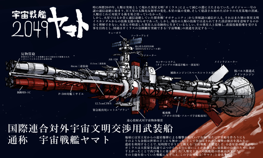 adapted_object cannon commentary_request doroni_max highres no_humans planet radiator radio_antenna realistic science_fiction spacecraft thrusters translation_request uchuu_senkan_yamato yamato_(uchuu_senkan_yamato)