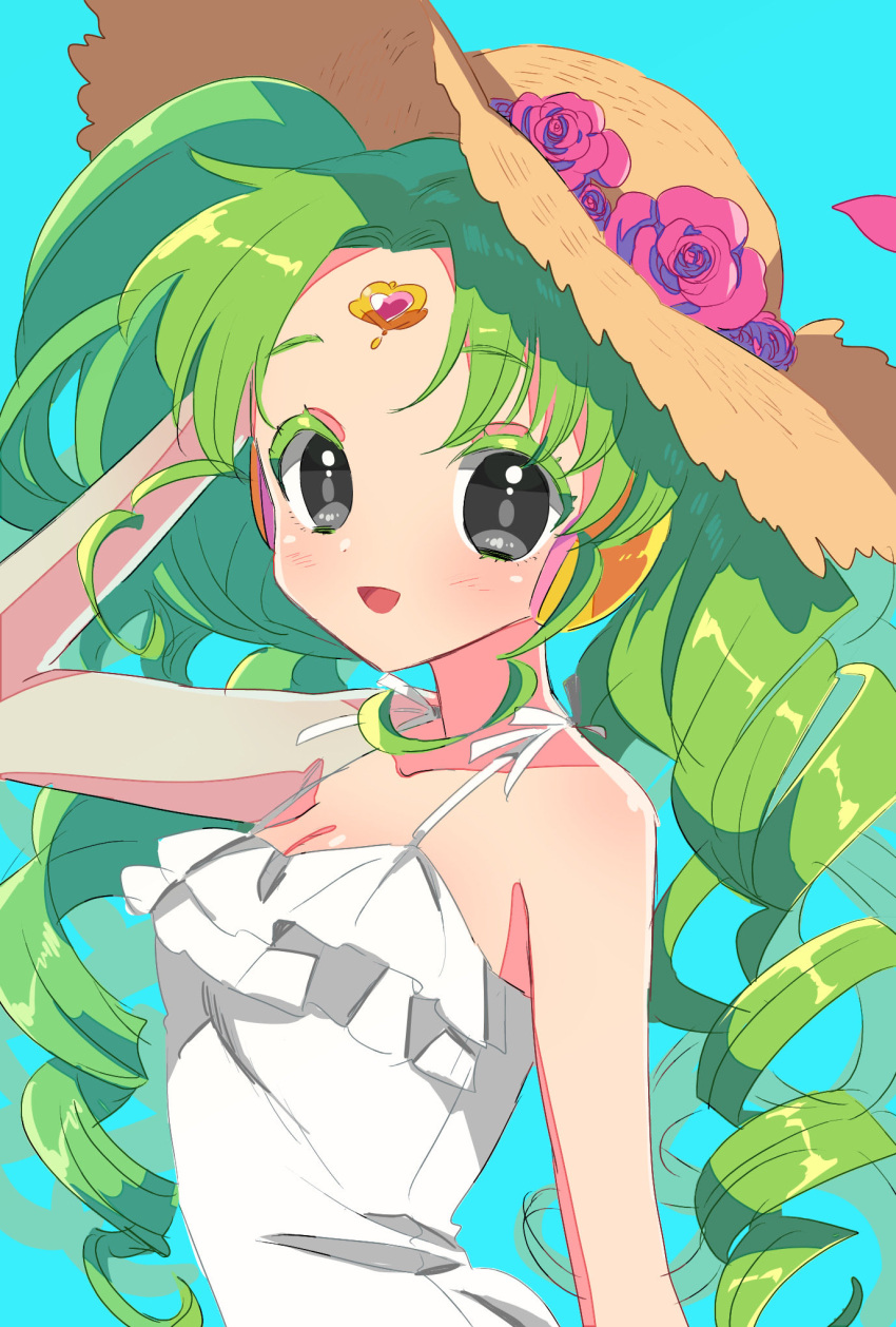 1girl :d arm_up blue_background breasts cleavage colored_eyelashes commentary_request drill_hair falulu falulu_(awakened) flower forehead_jewel green_hair grey_eyes hat hat_flower headphones highres long_hair looking_at_viewer open_mouth pink_flower pretty_series pripara sidelocks smile solo straw_hat sukoyaka_(100hituzi) sun_hat upper_body