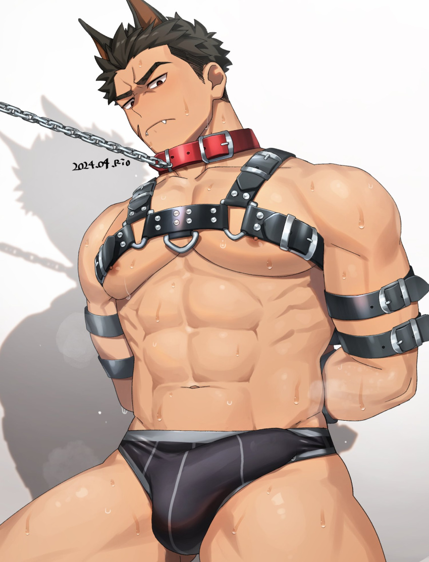 1boy abs animal_ears bara bdsm biceps black_male_underwear bondage bound brown_eyes brown_hair bulge chain chain_leash chest_harness closed_mouth collar fangs frown harness highres leash male_focus male_underwear muscular muscular_male nipples original pants pectorals restrained rio_mukiniki scar scar_on_cheek scar_on_face shadow simple_background sweat thick_eyebrows underwear white_background