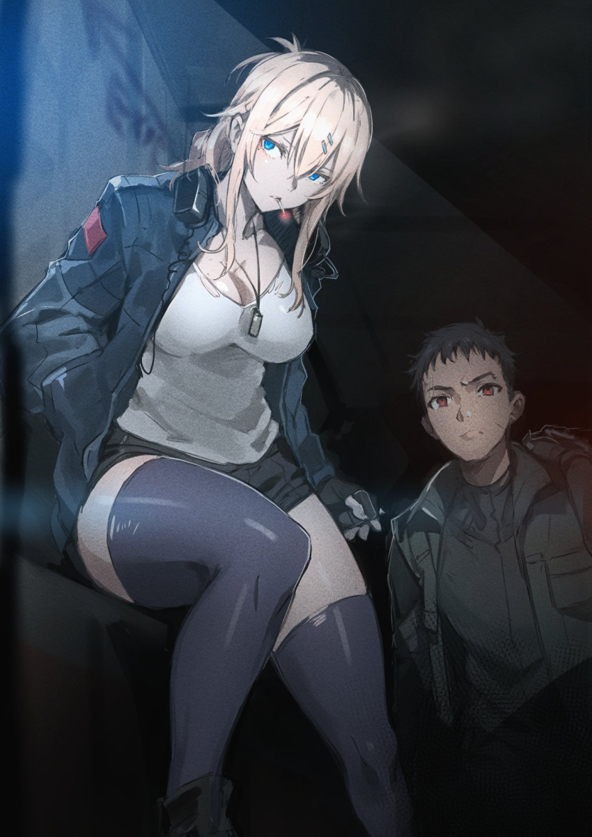 1boy 1girl armored_core armored_core:_verdict_day black_hair black_jacket black_shorts black_thighhighs blonde_hair blue_eyes breasts cigarette dog_tags green_jacket hair_ornament hairclip headset highres jacket large_breasts las91214 lighter magnolia_(armored_core) red_eyes scar shiny_clothes shiny_legwear short_hair short_shorts shorts tan tank_top thighhighs white_tank_top zippo_lighter