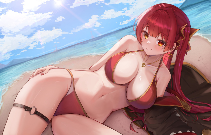 1girl absurdres beach bikini black_coat blue_sky blush breasts cleavage cloud coat earrings gold_earrings gold_necklace hair_ribbon heart heart_earrings heart_necklace heterochromia highres hololive houshou_marine houshou_marine_(summer) inkeror jewelry large_breasts long_hair looking_at_viewer nail_polish necklace o-ring o-ring_thigh_strap official_alternate_costume red_bikini red_eyes red_nails red_ribbon ribbon sand sky smile solo swimsuit thigh_strap tongue tongue_out twintails virtual_youtuber water yellow_eyes