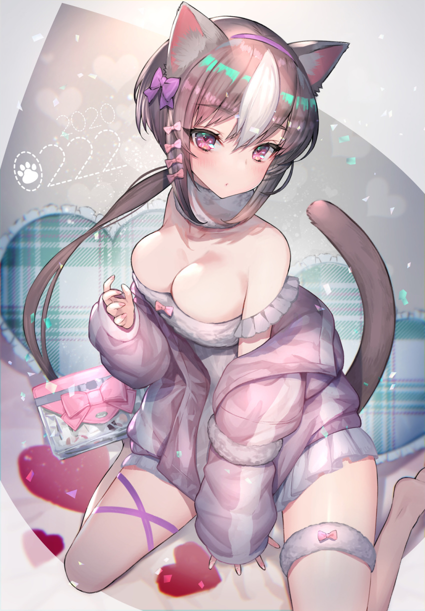 1girl 2020 animal_ear_fluff animal_ears bare_shoulders barefoot blush bow breasts cat_ears cat_girl cat_tail cleavage dress frilled_dress frilled_pillow frills fur_collar grey_hair grey_tail hair_bow hairband hand_up heart heart-shaped_pillow highres hitowa jacket jacket_partially_removed large_breasts looking_at_viewer multicolored_hair open_clothes open_jacket original parted_lips pillow pink_bow pink_eyes pink_jacket plaid_pillow purple_bow purple_hairband sidelocks sitting sleeves_past_wrists solo streaked_hair tail thigh_strap wariza white_dress white_hair