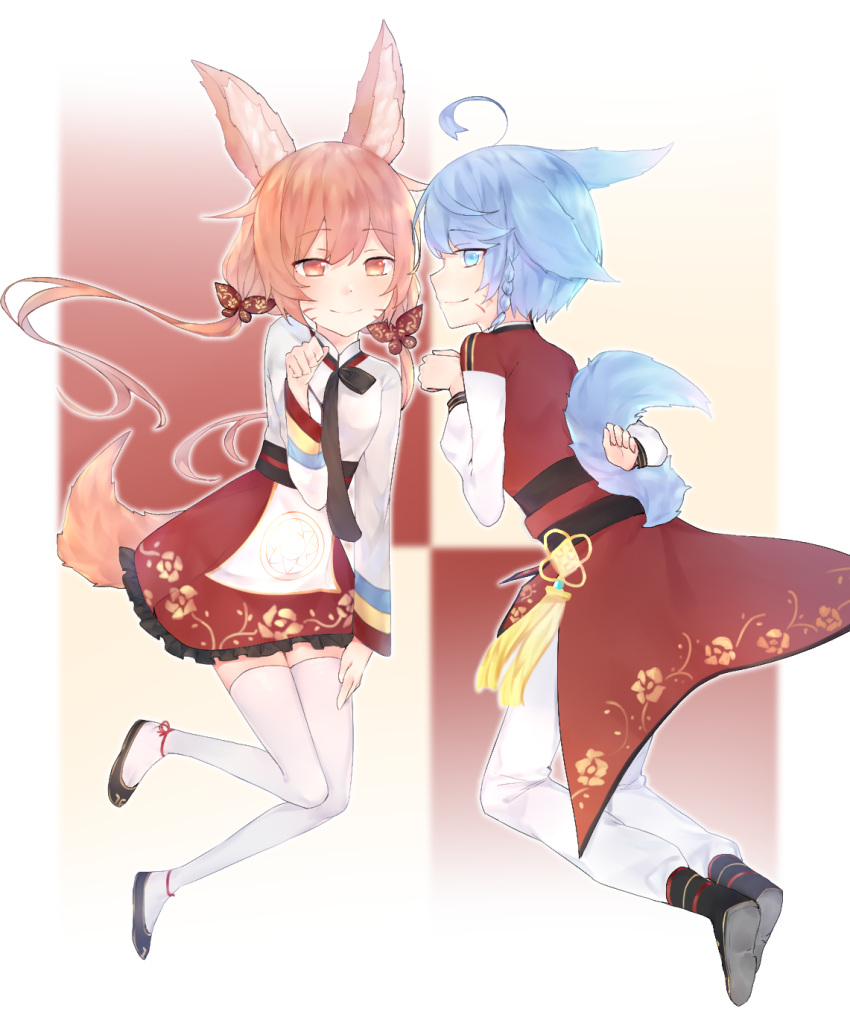 1boy 1girl animal_ears blue_eyes blue_hair child fox_ears fox_tail korean_clothes long_hair looking_at_viewer miho_(talesrunner) red_eyes red_hair short_hair shota siho_(talesrunner) simple_background tail talesrunner twintails