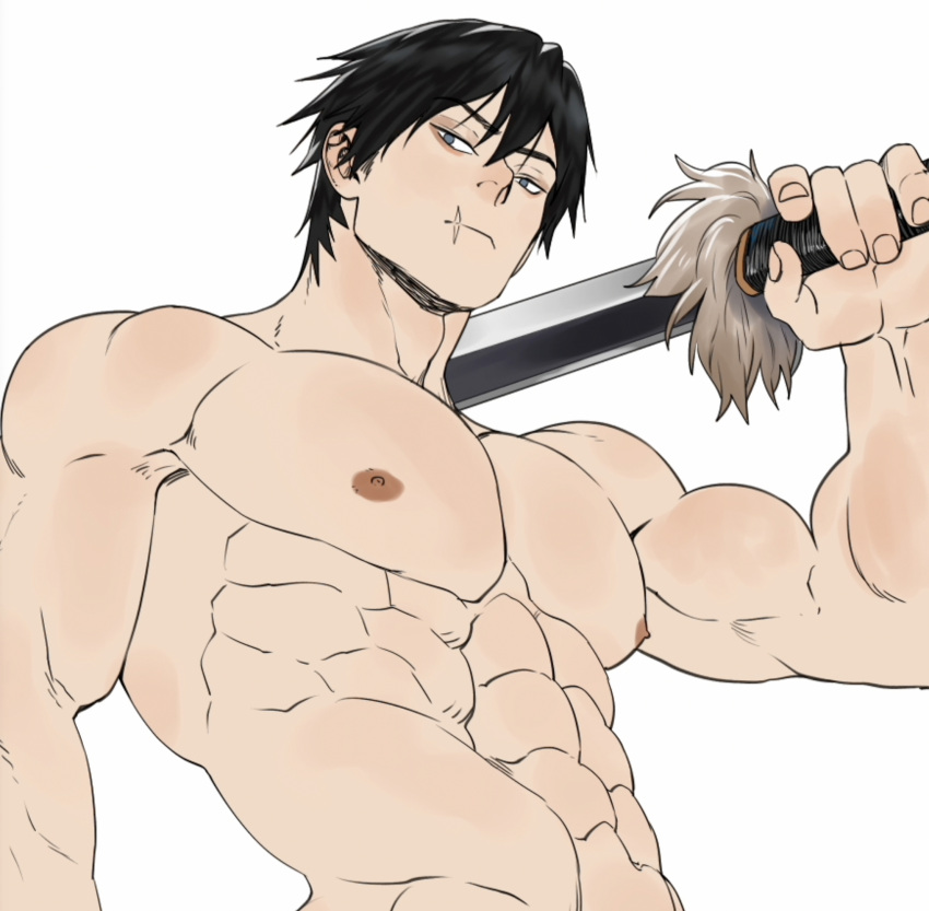 1boy bara biceps black_hair expressionless fushiguro_touji half-closed_eyes highres jujutsu_kaisen large_pectorals male_focus mature_male muscular muscular_male nipples nude paid_reward_available pectorals scar scar_on_face scar_on_mouth short_hair shredded_muscles solo suyohara upper_body