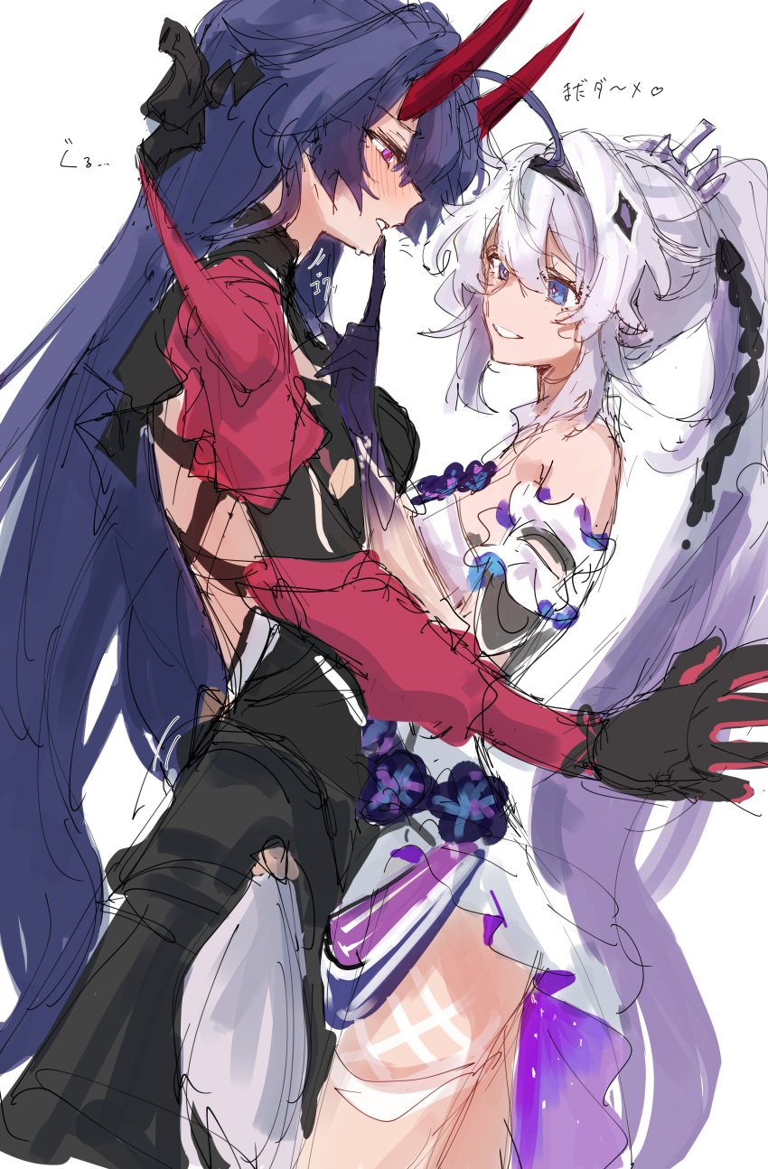 2girls :d absurdres ahoge bare_shoulders blue_eyes chinese_commentary commentary_request dress gauntlets gloves grin highres honkai_(series) honkai_impact_3rd horns kiana_kaslana kiana_kaslana_(herrscher_of_finality) long_hair mixed-language_commentary moonsun77773 multiple_girls ponytail purple_eyes purple_gloves purple_hair raiden_mei raiden_mei_(herrscher_of_thunder) simple_background sketch smile teeth very_long_hair white_background white_dress white_hair yuri