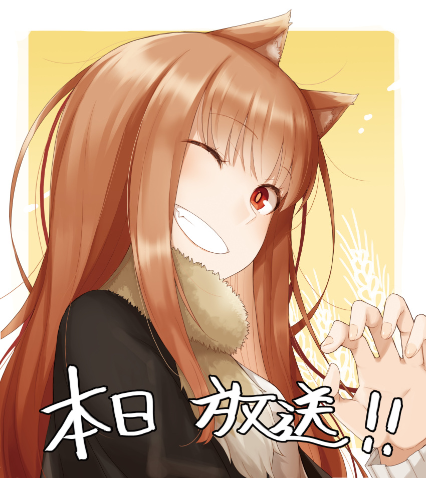 1girl absurdres animal_ear_fluff animal_ears blunt_bangs claw_pose countdown grin highres holo light_brown_hair long_hair official_art one_eye_closed red_eyes release_celebration smile solo spice_and_wolf tail very_long_hair wolf_ears wolf_girl wolf_tail