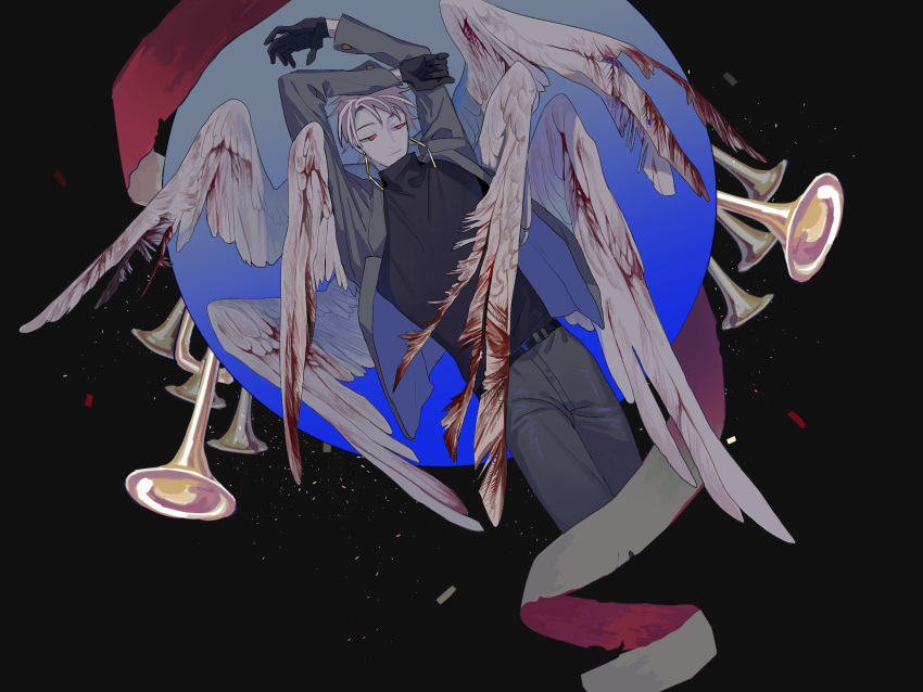 angel_wings arms_up black_background black_gloves black_jacket black_pants black_sweater blood bloody_wings blue_background closed_mouth cropped_legs earrings gloves grey_hair grey_wings highres instrument jacket jewelry long_sleeves looking_at_viewer multicolored_hair multiple_wings open_clothes open_jacket pants pink_eyes saibou_shinkyoku seraph short_hair smile solo streaked_hair sweater theodore_riddle trumpet turtleneck turtleneck_sweater wings yulei_yuuuuu