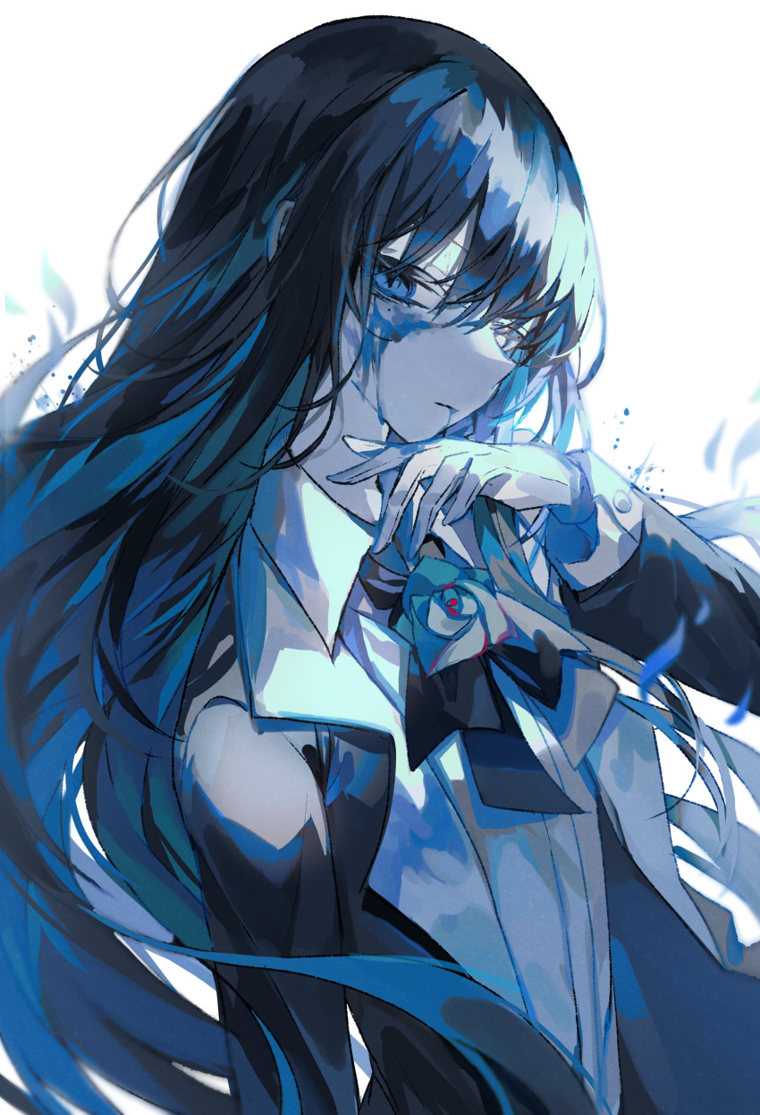 1girl absurdres ado_(utaite) black_bow black_bowtie black_coat blue_eyes blue_flower blue_hair blue_rose bow bowtie chando_(ado) cloud cloud_nine_inc coat collared_shirt colored_inner_hair dress_shirt flower flower_brooch gloves highres long_hair long_sleeves mole mole_under_eye multicolored_hair open_clothes open_coat paint_from_mouth paint_on_clothes paint_splatter paint_splatter_on_face rose shirt sidelocks solo umemaro_(siona0908) upper_body utaite white_background white_gloves wish_(ado)