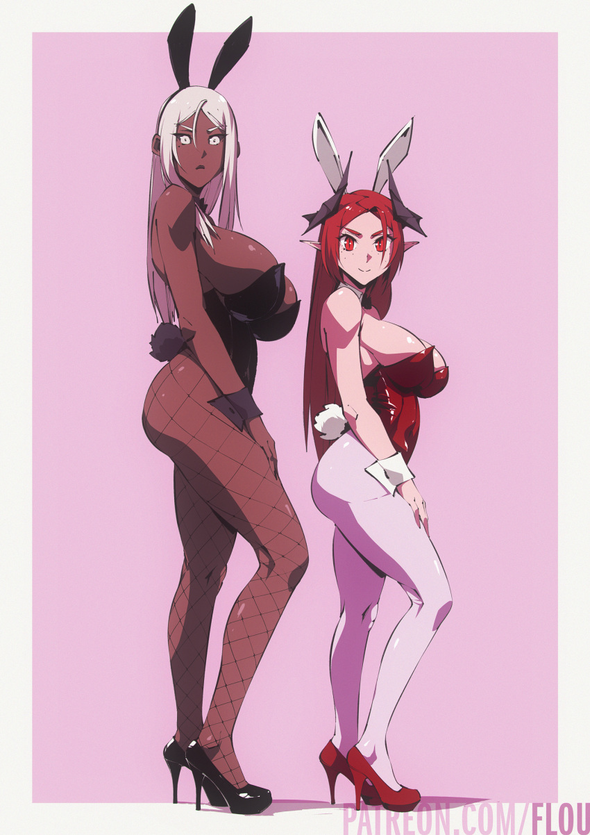 2girls animal_ears black_footwear black_leotard breasts dark-skinned_female dark_skin fake_animal_ears fishnet_pantyhose fishnets flou_(flou_art) full_body height_difference high_heels highres large_breasts leotard long_hair looking_at_viewer multiple_girls original panties pantyhose playboy_bunny pointy_ears pumps red_eyes red_footwear red_leotard rinn_(flou) slit_pupils standing stella_(flou) strapless strapless_leotard underwear white_eyes white_panties wrist_cuffs