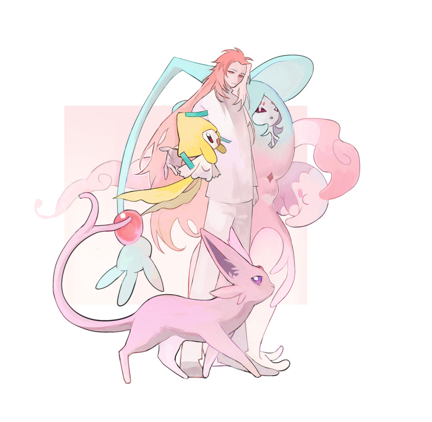 1boy espeon full_body gradient_background hand_up hatsutori_hajime hatterene highres jacket jirachi long_hair long_sleeves looking_at_viewer male_focus pants pink_background pink_eyes pink_hair pink_theme pokemon pokemon_(creature) saibou_shinkyoku simple_background solo very_long_hair walking white_jacket white_pants yulei_yuuuuu