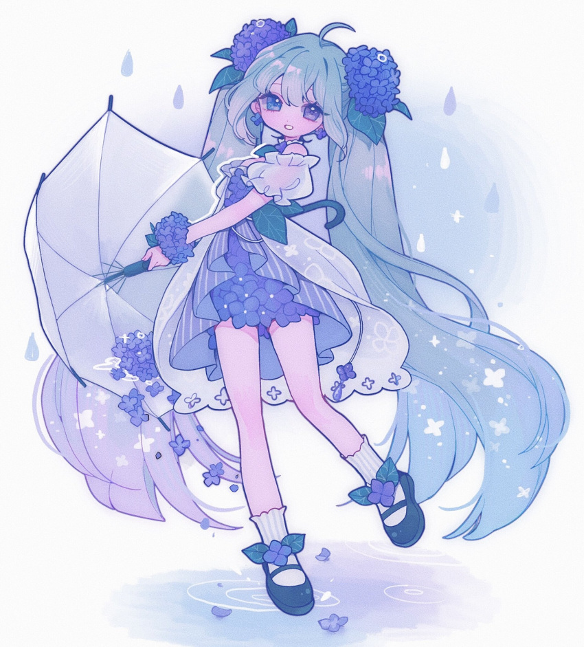 1girl blue_eyes blue_hair dress earrings flower footwear_flower full_body grin hair_flower hair_ornament hatsune_miku highres holding holding_umbrella hydrangea jewelry long_hair mary_janes ripples shiro_(a923808254) shoes short_sleeves smile socks solo standing standing_on_one_leg twintails umbrella very_long_hair vocaloid water_drop wrist_cuffs wrist_flower