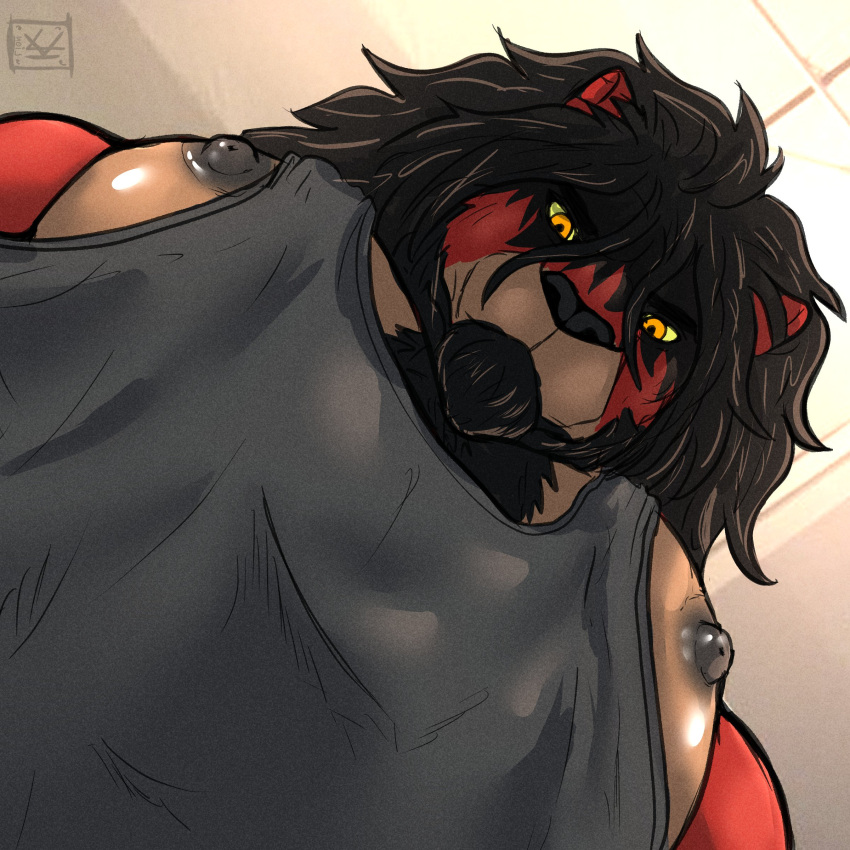 absurd_res anthro areola barazoku big_areola big_muscles big_nipples big_pecs black_mane black_nipples black_nose chest_tuft clothed clothing eye_markings eyebrows felid fur hair hi_res inside kirlan kirlanlion lion looking_at_viewer looking_down looking_down_at_viewer low-angle_view male mammal mane manly markings muscular muscular_anthro muscular_male nipples pantherine pec_pov_meme pecs red_body red_fur shirt solo tan_body tan_fur tank_top topwear tuft worm's-eye_view yellow_eyes