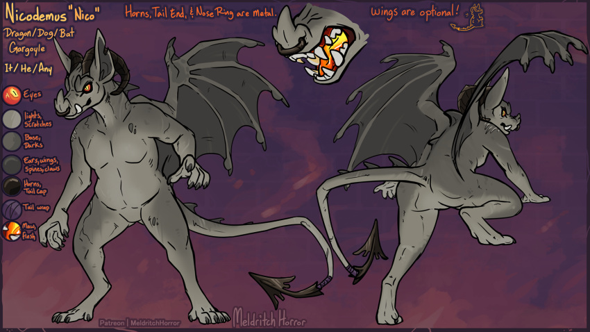 16:9 5_fingers anthro bat biped claws color_swatch digitigrade english_text facial_piercing fangs fingers gargoyle grey_body hi_res male mammal melthecannibal membrane_(anatomy) membranous_wings model_sheet nicodemus_(mythkin) nonbinary_(lore) nose_piercing nose_ring paws piercing ring_piercing solo tail teeth text widescreen wings