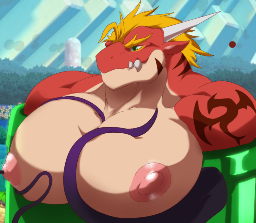 anthro areola bastroceive blonde_hair bound delga dragon hair huge_muscles huge_nipples hyper hyper_muscles hyper_pecs male muscular muscular_male nipples nude pecs pipe scalie tagme teeth tentacles