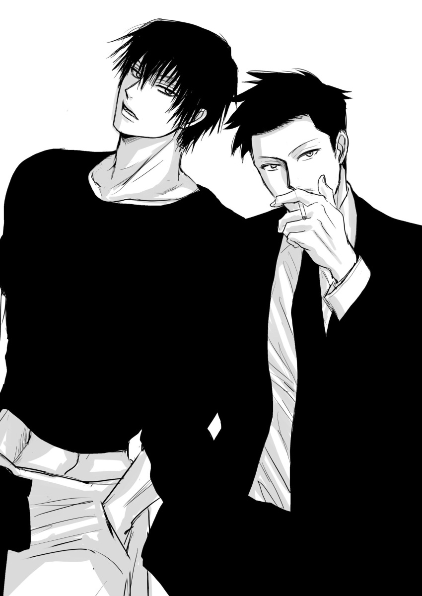 2boys absurdres artist_request black_hair cowboy_shot facial_hair fushiguro_touji greyscale highres jujutsu_kaisen looking_at_viewer male_focus mature_male monochrome multiple_boys muscular muscular_male mustache_stubble pectorals scar scar_on_face scar_on_mouth shiu_kong short_hair side-by-side smoking spiked_hair stubble suit