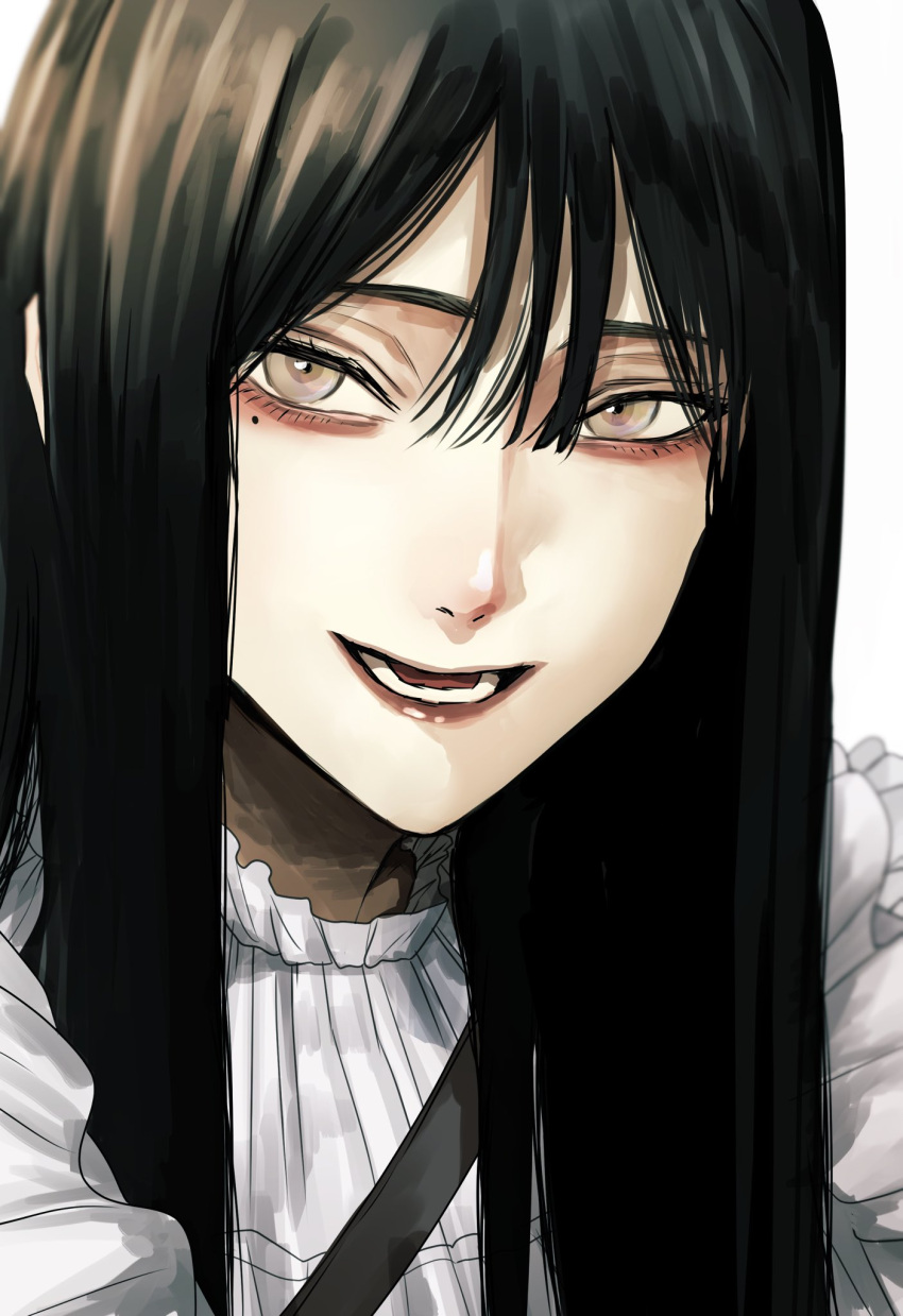 1girl black_hair choppy_bangs commentary_request grey_eyes hair_between_eyes highres hoshi_san_3 long_hair looking_at_viewer mole mole_under_eye original sidelocks simple_background solo upper_body white_background