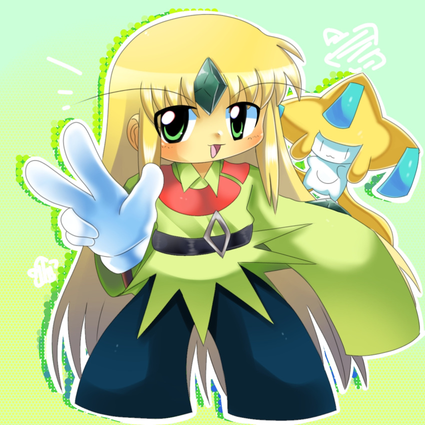 1boy 2000s_(style) blonde_hair can't_be_this_cute chibi chibi_only emerald_(pokemon) gem green_eyes green_gemstone hair_between_eyes highres jirachi long_hair looking_at_viewer nintendo non-web_source otoko_no_ko pokemon pokemon_adventures pokemon_rse really simple_background sonasan v very_long_hair