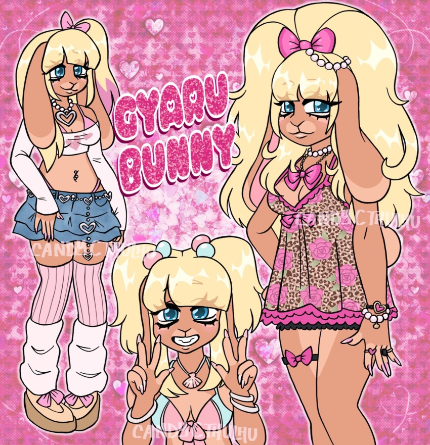 2000s_theme accessory alternative_fashion anthro bangs belt blonde_hair blue_eyes bottomwear bow_ribbon bra bracelet breasts brown_body buckteeth candycthulu cleavage clothed clothing crop_top denim denim_bottomwear denim_clothing denim_skirt eyebrow_through_hair eyebrows eyelashes eyeliner facial_markings female floppy_ears fluffy fluffy_hair footwear ganguro_(fashion) garter gem gyaru hair hair_accessory hair_bow hair_ribbon head_markings heart_symbol hi_res j-fashion jewelry lagomorph leg_warmers legwear leopard_print_clothing leporid long_hair makeup mammal markings miniskirt muzzle_(marking) nails navel navel_piercing necklace pearl_(gem) pearl_necklace piercing pigtails pink_background ponytail rabbit ribbons ring_(jewelry) seashell shell shirt shoes simple_background skirt smile snout snout_markings socks solo teeth thigh_highs thigh_socks thong_straps topwear translucent translucent_hair underwear y2k_(fashion) y2k_(graphic_design)