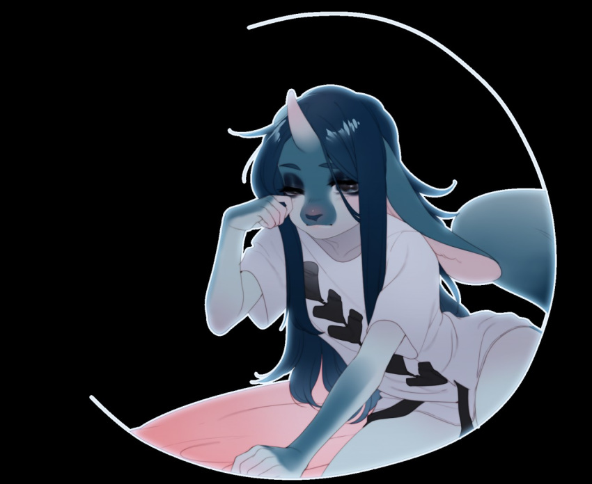 009w anthro black_background blue_eyes blue_fur blue_hair blush clothed clothing eyelashes eyeliner eyeshadow fur hair half-closed_eyes horn hybrid lagomorph long_hair loose_clothing makeup mammal mascara rabbit shirt simple_background solo thick_thighs tired tired_eyes